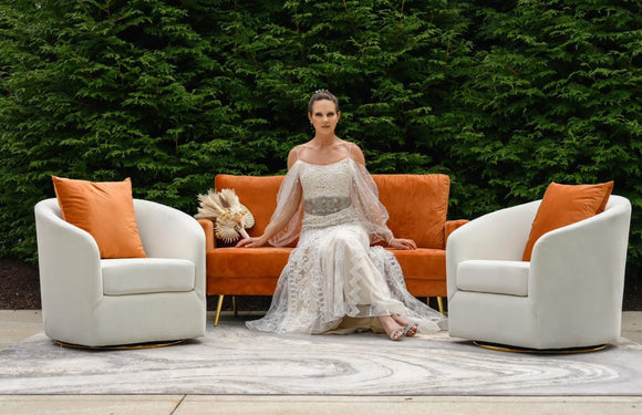 Copper Loveseat & White Club Chairs